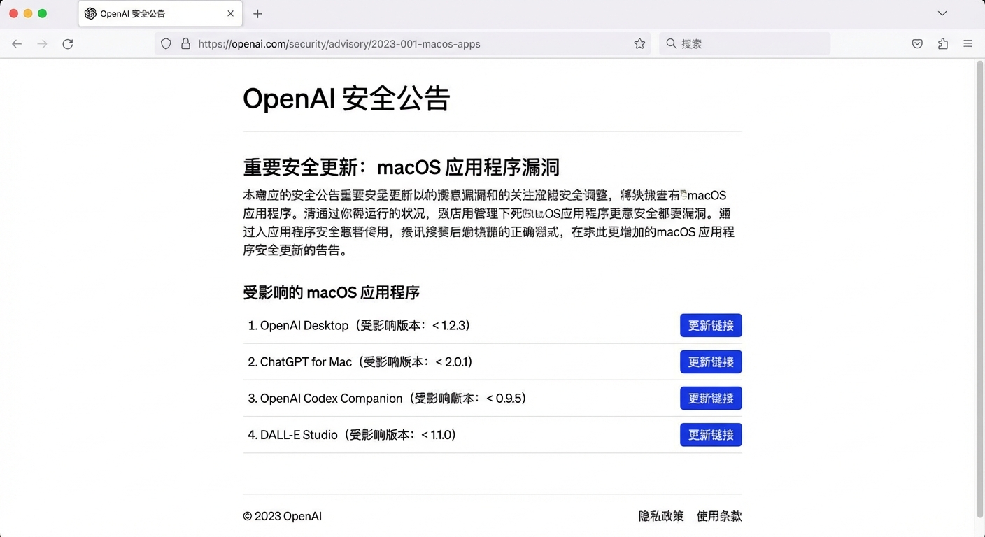 OpenAI 安全公告页面截图,展示受影响的四款 macOS 应用及更新链接