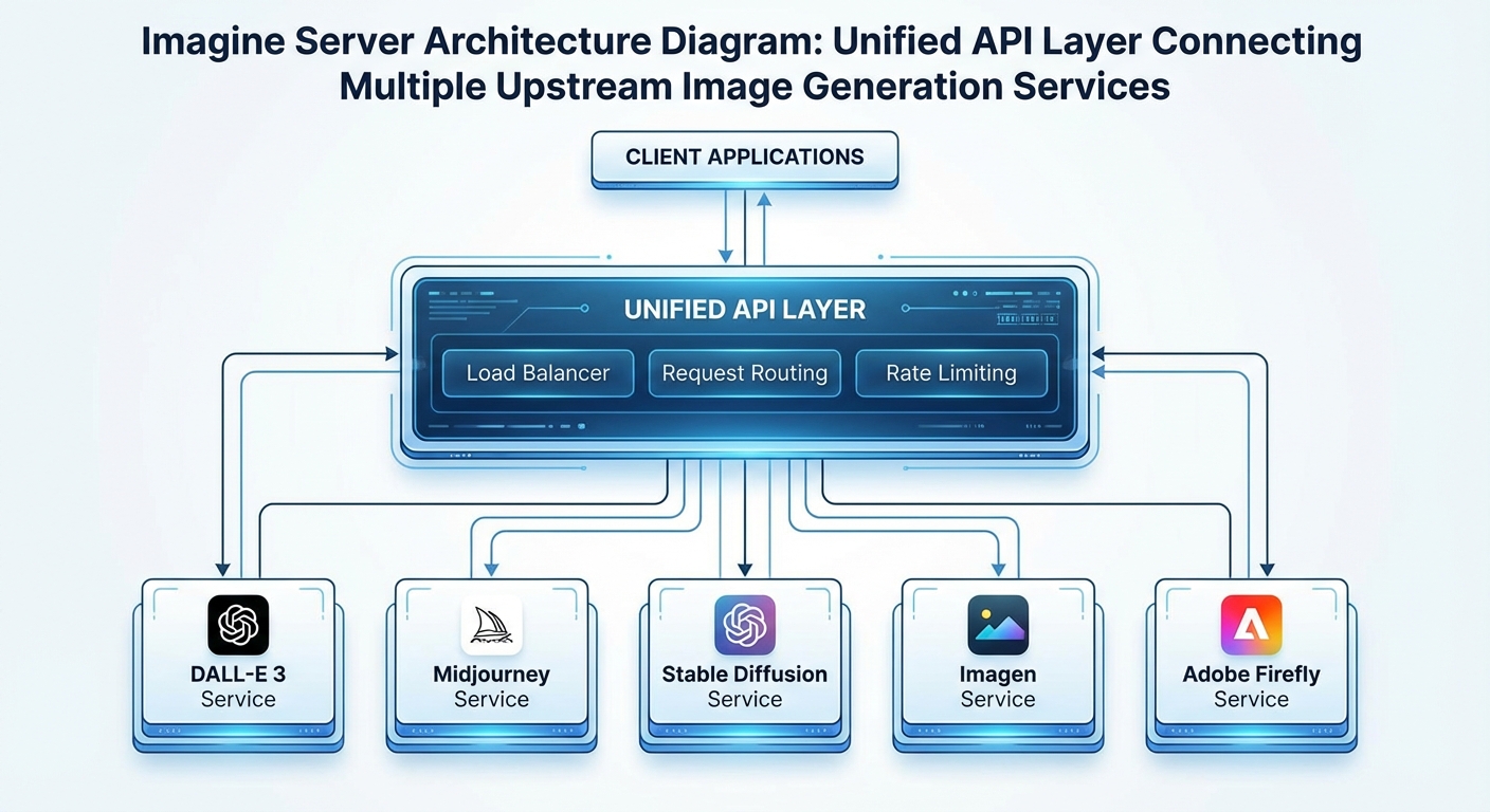 Imagine Server 架构示意图，展示统一 API 层连接多个上游图片生成服务的拓扑关系