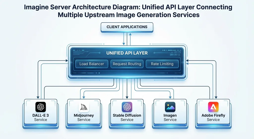 Imagine Server 架构示意图,展示统一 API 层连接多个上游图片生成服务的拓扑关系