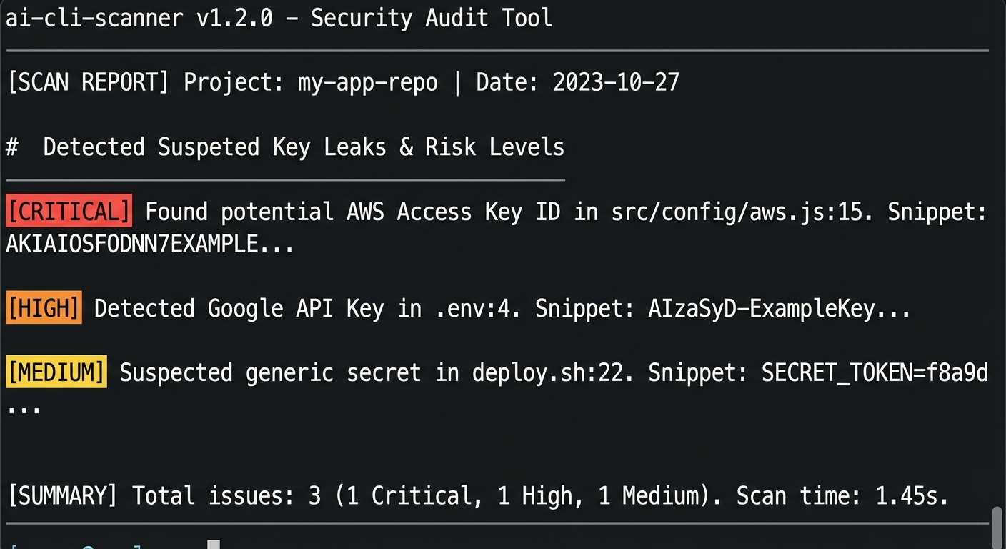 ai-cli-scanner 扫描报告示例截图，展示检测到的疑似密钥泄露条目及风险等级