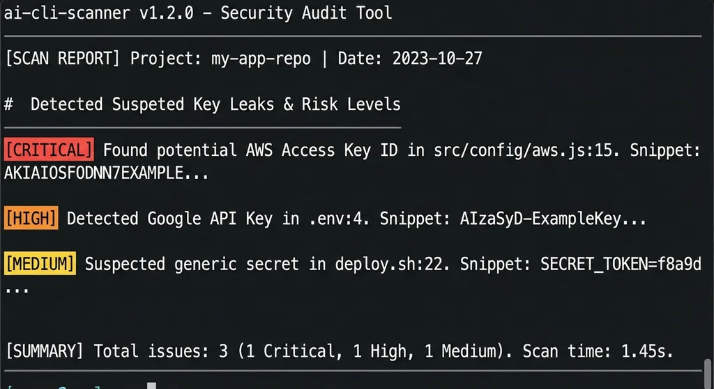 ai-cli-scanner 扫描报告示例截图,展示检测到的疑似密钥泄露条目及风险等级