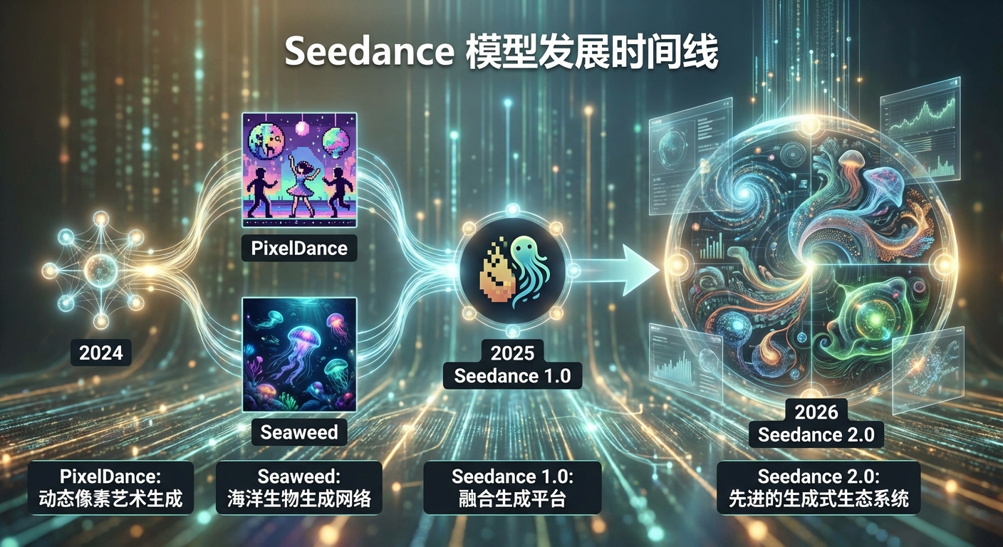 Seedance 模型发展时间线，从 2024 年 PixelDance/Seaweed 到 2026 年 Seedance 2.0 的演进路径
