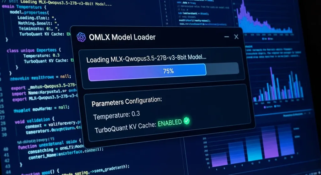 OMLX 模型加载界面,显示 MLX-Qwopus3.5-27B-v3-8bit 模型参数配置,Temperature 0.3,TurboQuant KV Cache 已开启