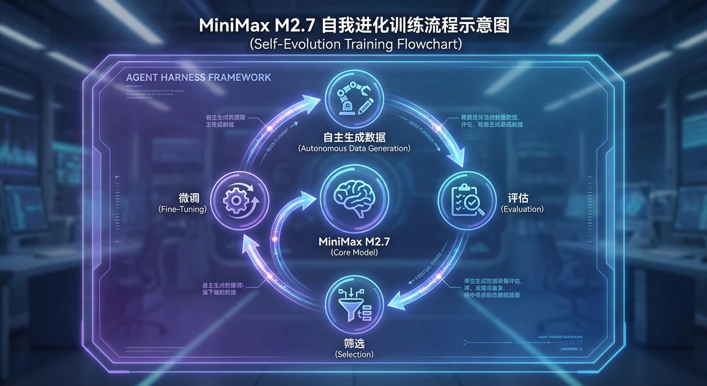 MiniMax M2.7 自我进化训练流程示意图,展示 Agent Harness 框架下模型自主生成数据、评估、筛选、微调的闭环