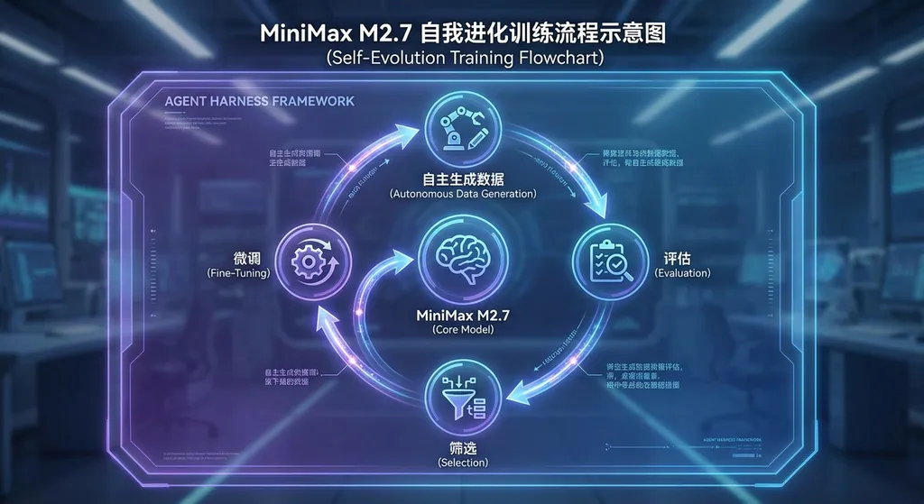 MiniMax M2.7 自我进化训练流程示意图,展示 Agent Harness 框架下模型自主生成数据、评估、筛选、微调的闭环
