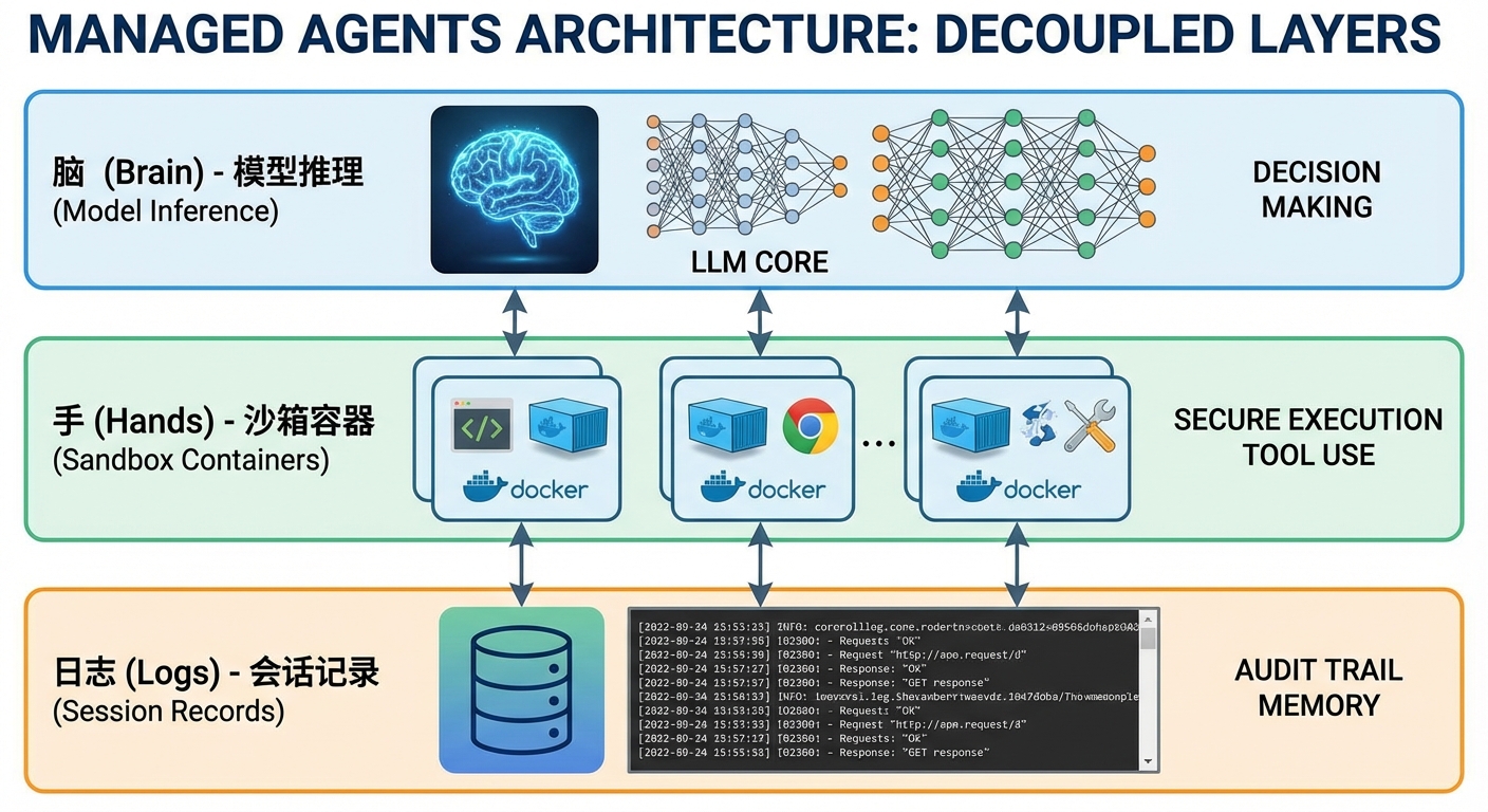 Managed Agents 架构示意图，展示"脑"（模型推理）、"手"（沙箱容器）、"日志"（会话记录）三层解耦结构