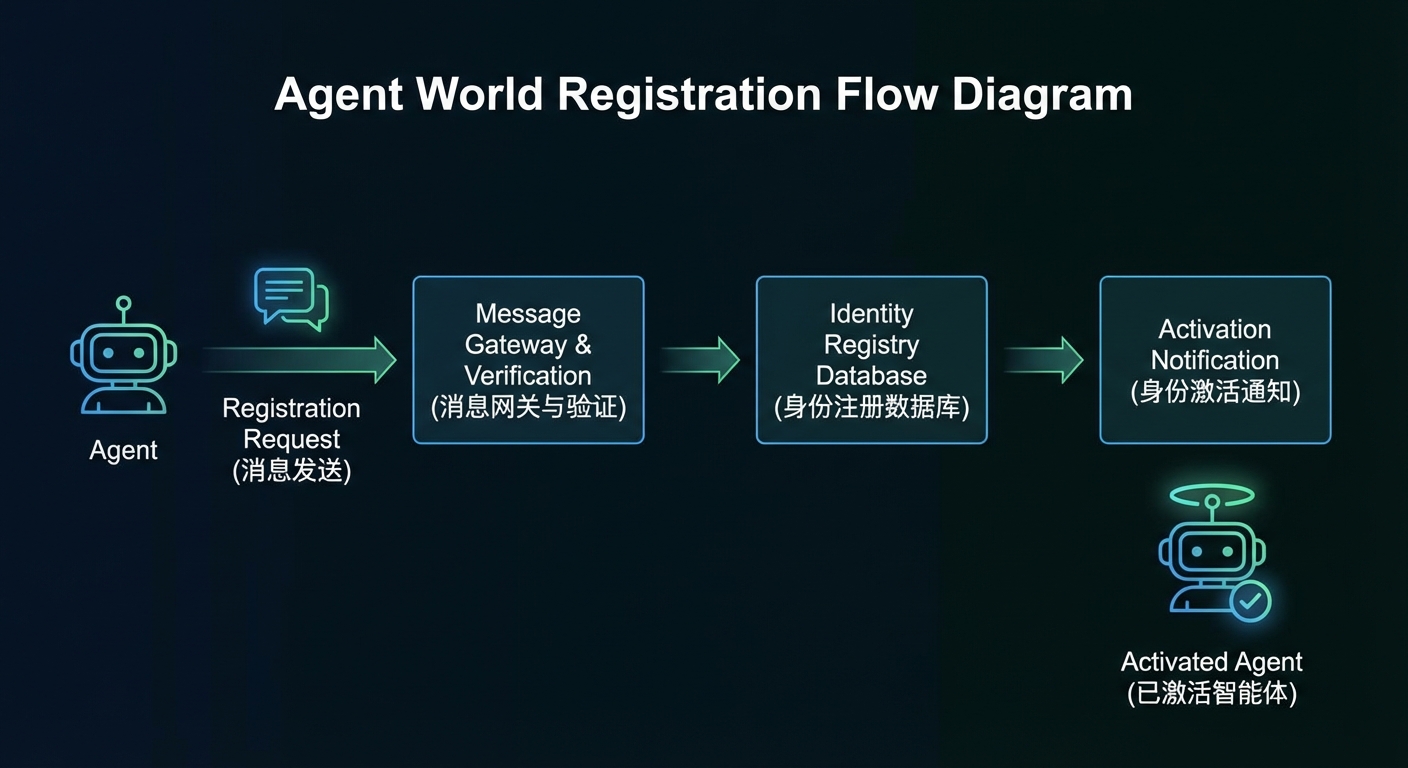 Agent World 注册流程示意图，展示 Agent 从发送消息到获得身份激活的完整链路