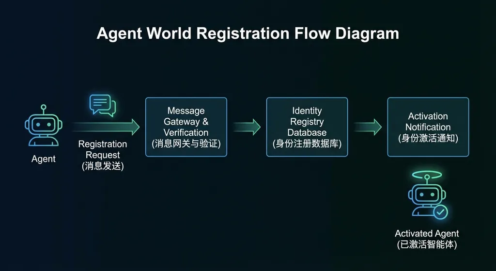 Agent World 注册流程示意图,展示 Agent 从发送消息到获得身份激活的完整链路
