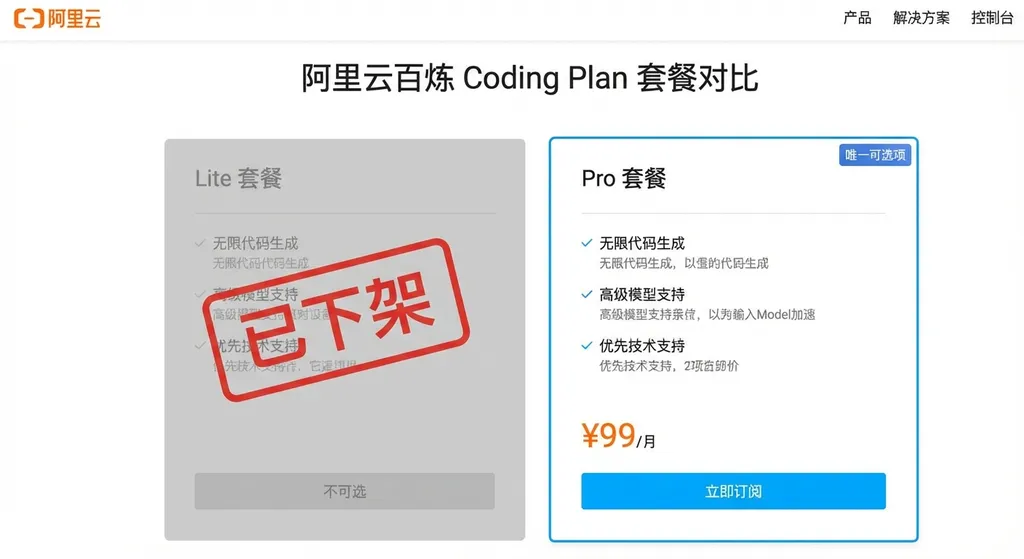 阿里云百炼 Coding Plan 套餐对比页面截图,展示 Lite 已下架、Pro 为唯一可选项