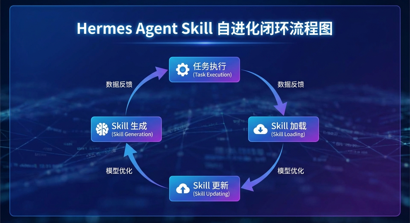 Hermes Agent Skill 自进化闭环流程图,展示从任务执行到 Skill 生成、加载、更新的完整循环