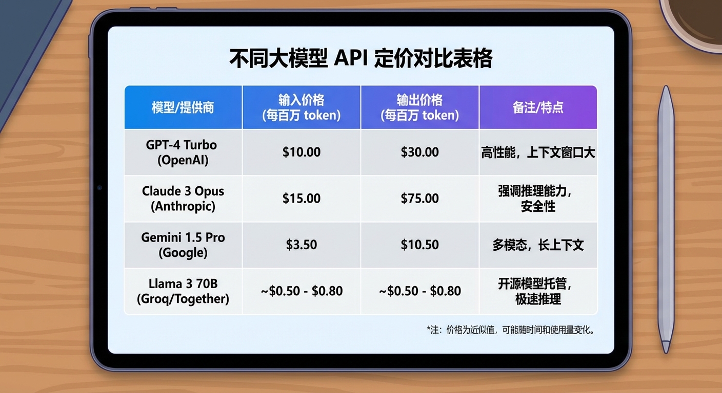 不同大模型 API 定价对比表格