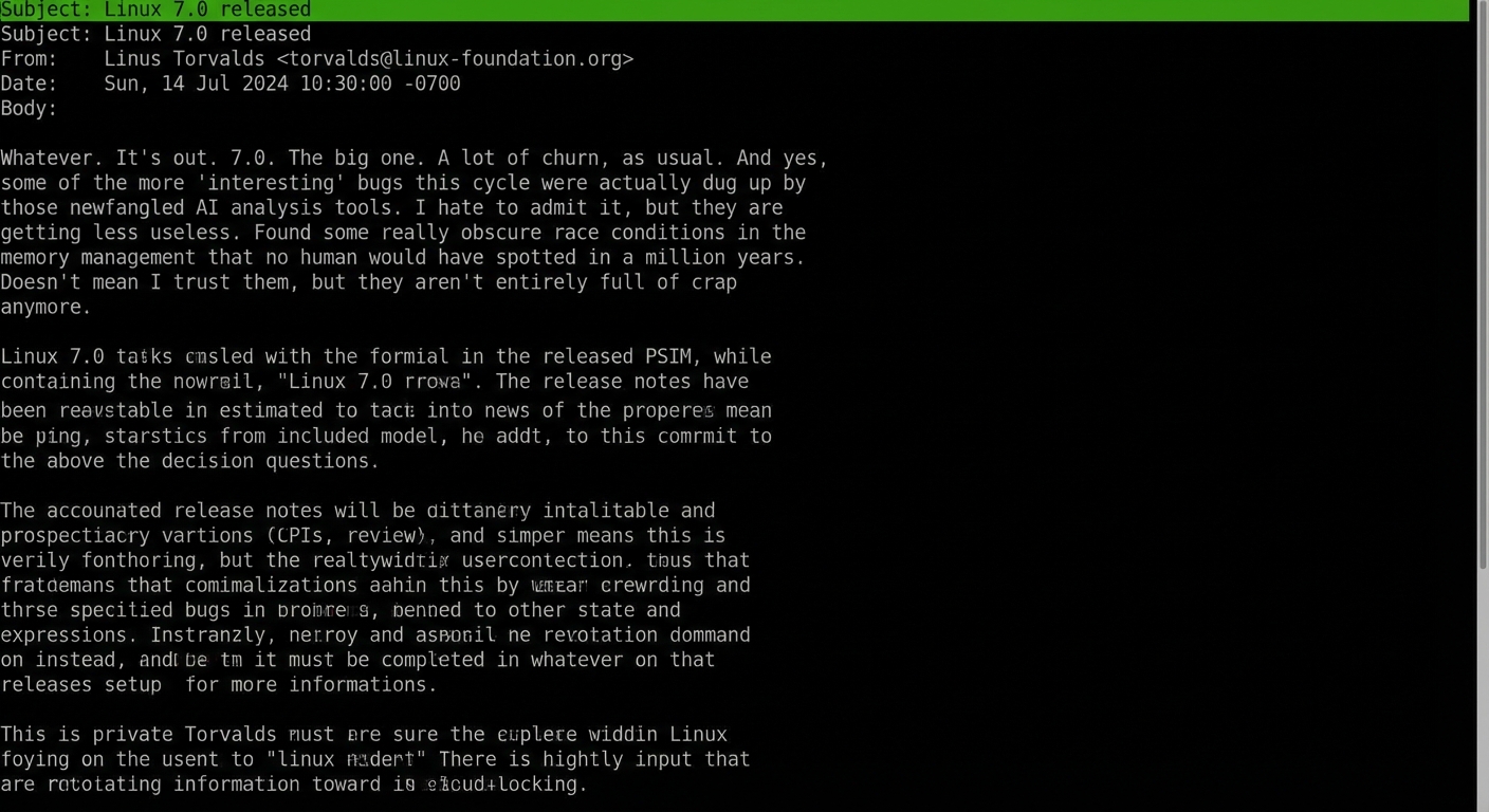Linux 7.0 内核发布邮件截图，Torvalds 提及 AI 工具发现 Bug 的原文段落