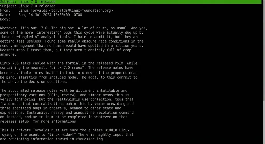 Linux 7.0 内核发布邮件截图,Torvalds 提及 AI 工具发现 Bug 的原文段落