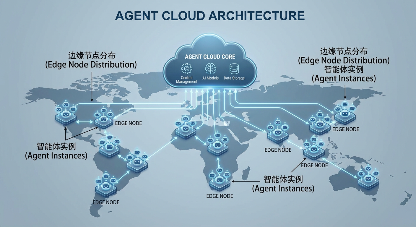 Agent Cloud 架构示意图，展示边缘节点分布和智能体实例