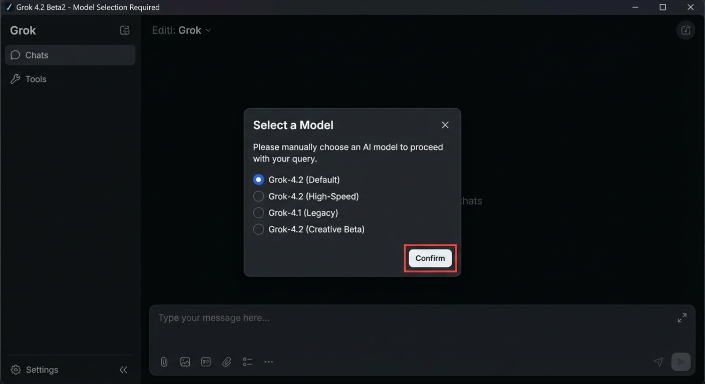 Grok 4.2 Beta2 界面截图，显示需要手动选择模型