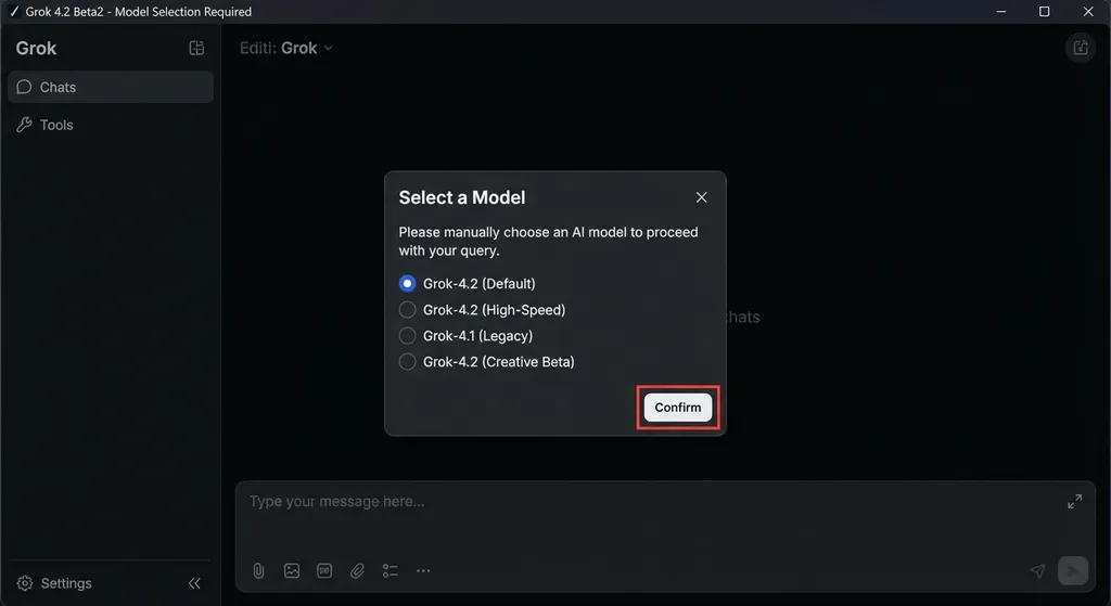 Grok 4.2 Beta2 界面截图,显示需要手动选择模型