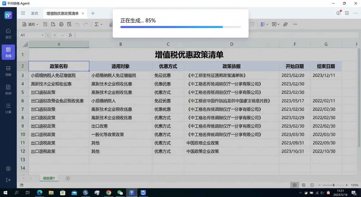 千问表格 Agent 生成增值税优惠政策清单的界面截图