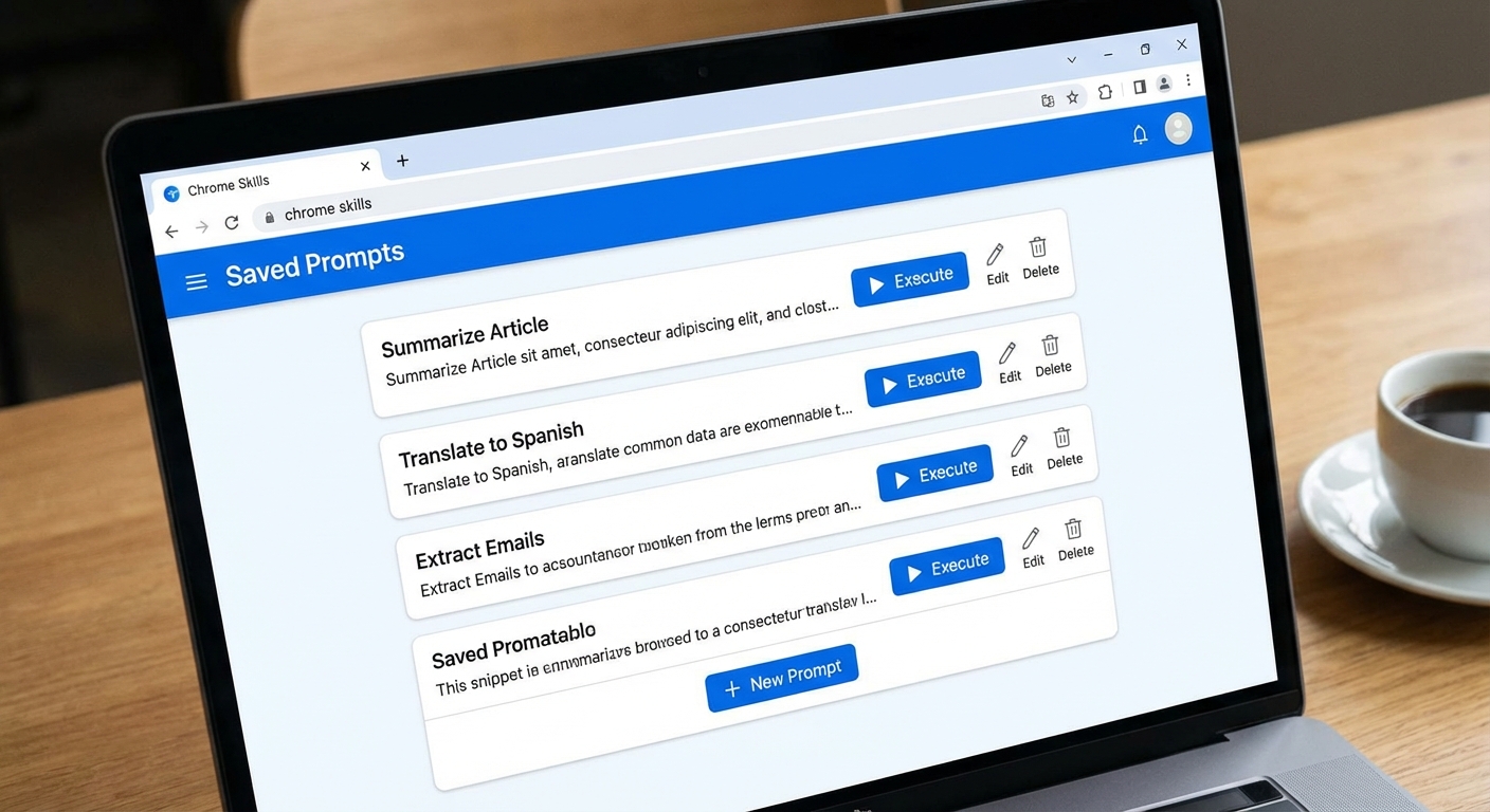 Chrome Skills 界面展示,显示保存的提示词列表和一键执行按钮