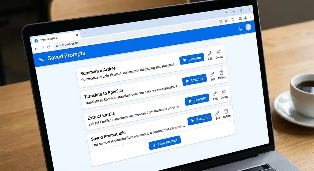 Chrome Skills 界面展示,显示保存的提示词列表和一键执行按钮