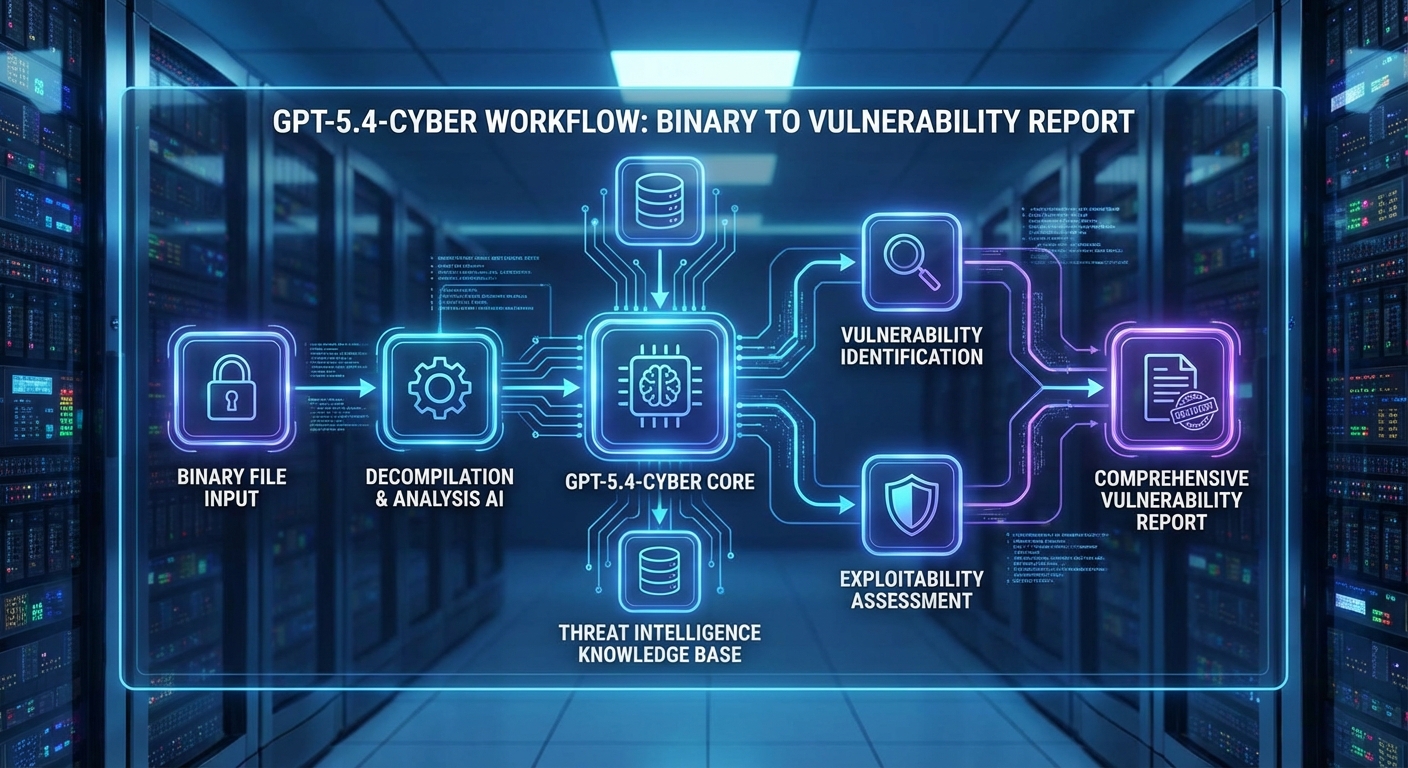 GPT-5.4-Cyber 工作流示意图,展示从二进制文件分析到漏洞报告的完整流程