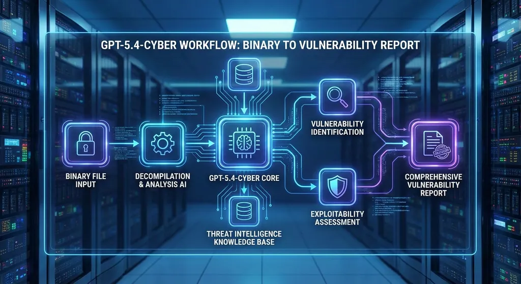 GPT-5.4-Cyber 工作流示意图,展示从二进制文件分析到漏洞报告的完整流程
