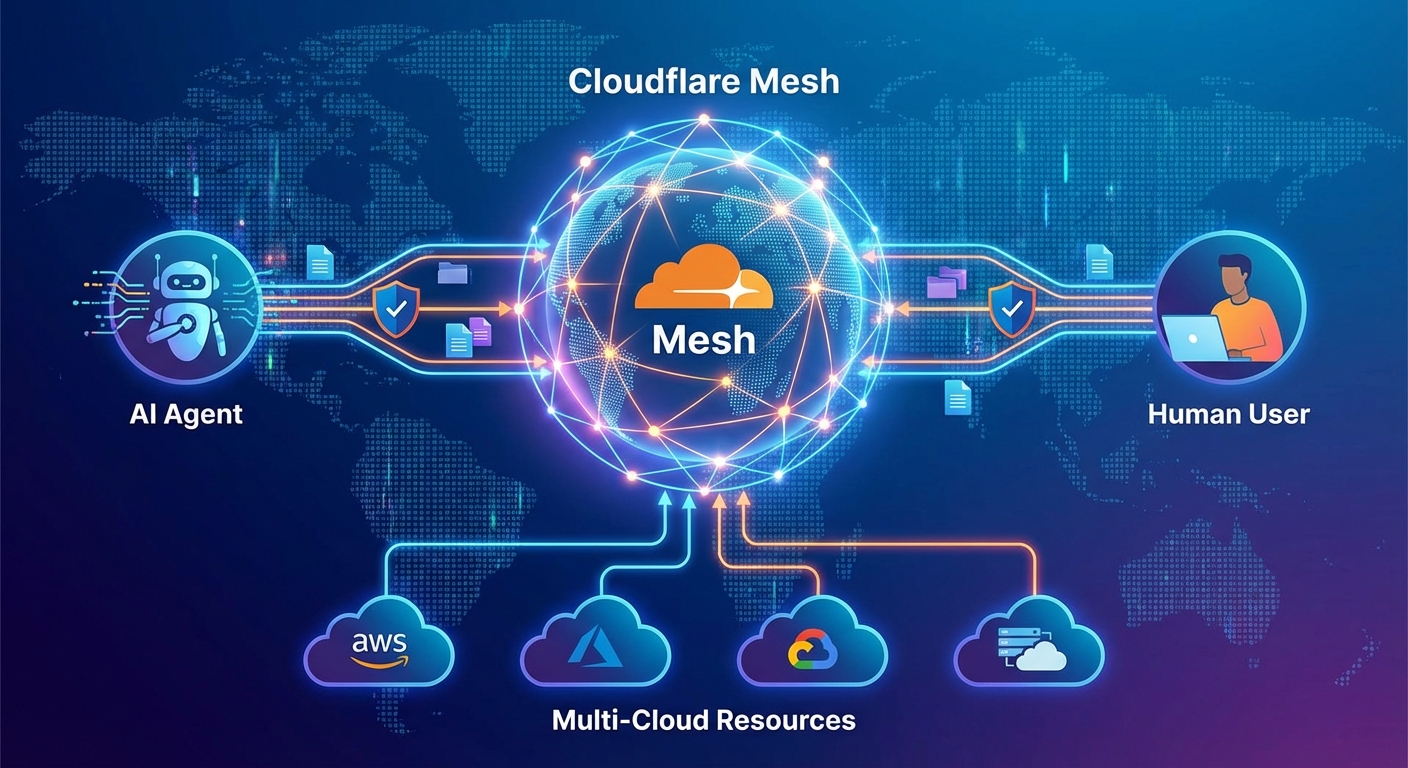 Cloudflare Mesh 架构示意图，展示 AI Agent、人类用户、多云资源如何通过 Mesh 连接