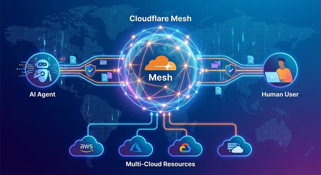 Cloudflare Mesh 架构示意图,展示 AI Agent、人类用户、多云资源如何通过 Mesh 连接