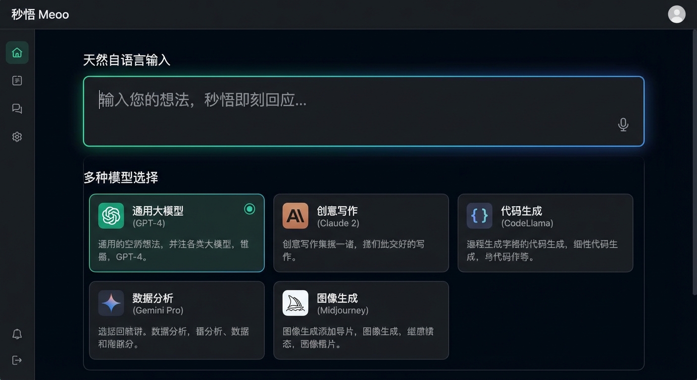 秒悟 Meoo 产品主界面截图，展示自然语言输入框与多模型选择面板