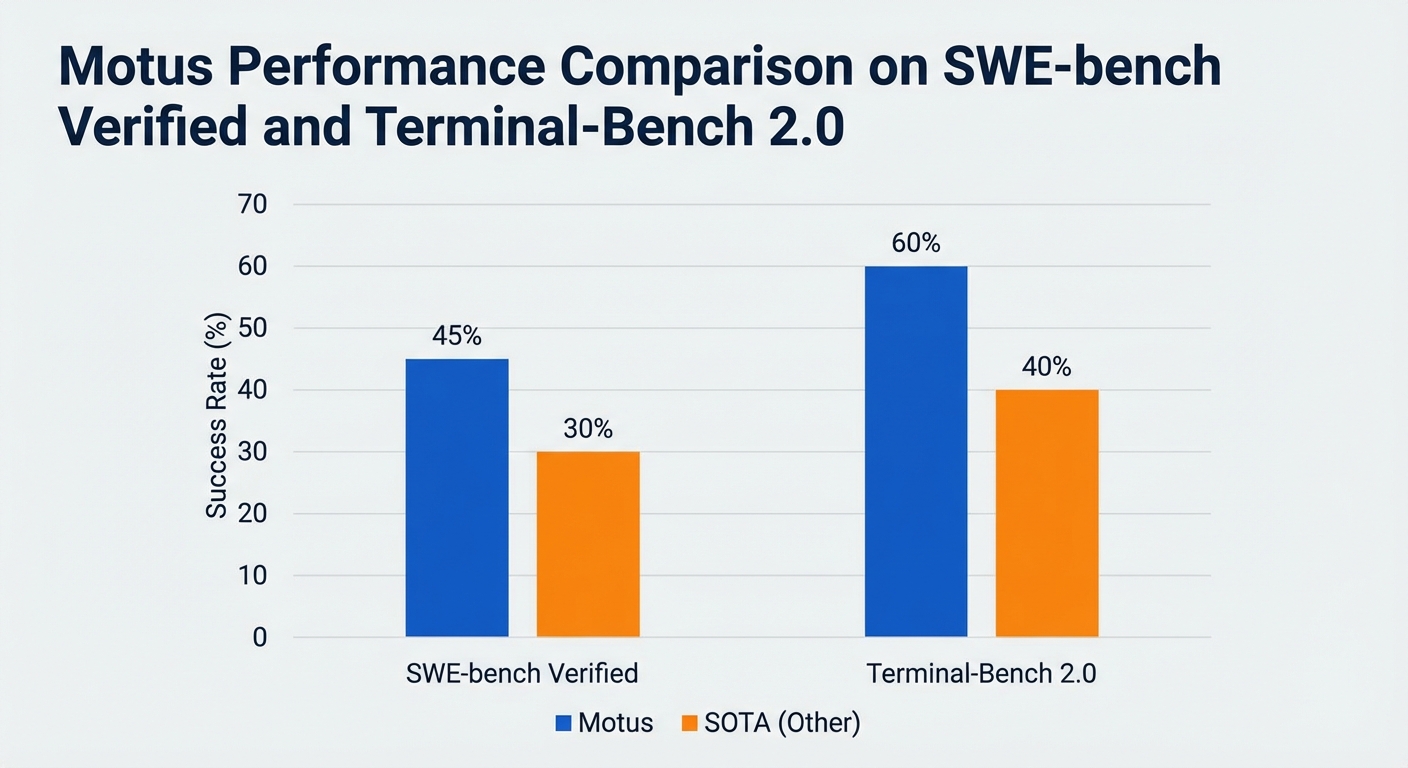 Motus 在 SWE-bench Verified 和 Terminal-Bench 2.0 上的性能对比图表