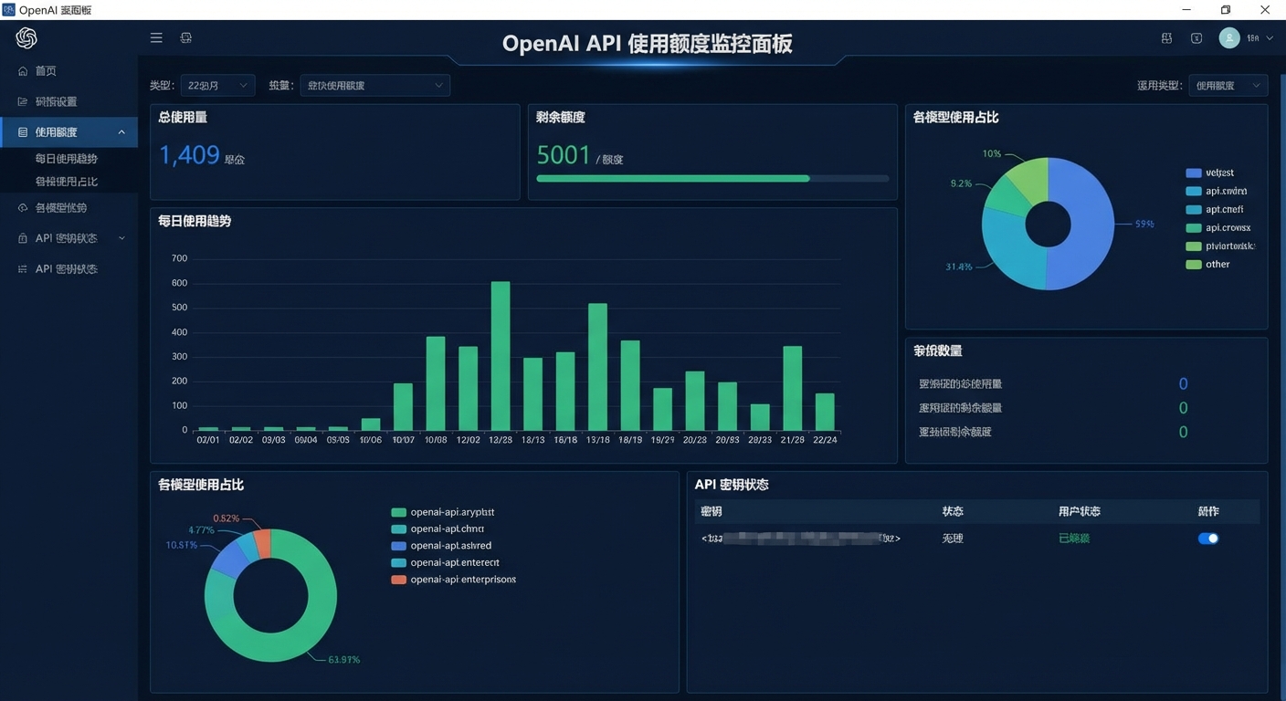 OpenAI API 使用额度监控面板示意图