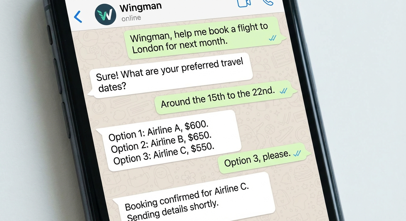 Wingman在WhatsApp聊天界面中执行多步骤任务的交互示意图