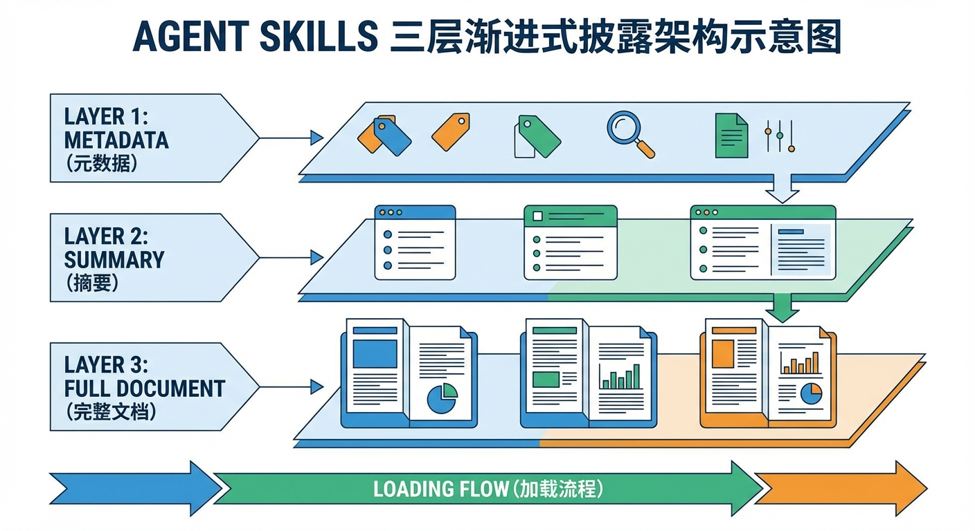 Agent Skills 三层渐进式披露架构示意图，展示从元数据到完整文档的加载流程