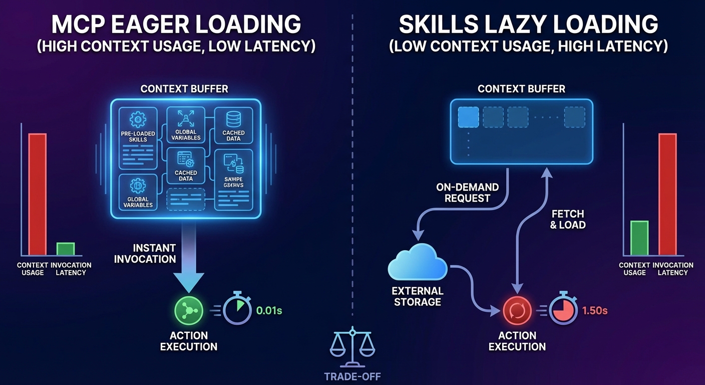 MCP 急切加载 vs Skills 惰性加载的对比图，展示上下文占用和调用延迟的权衡