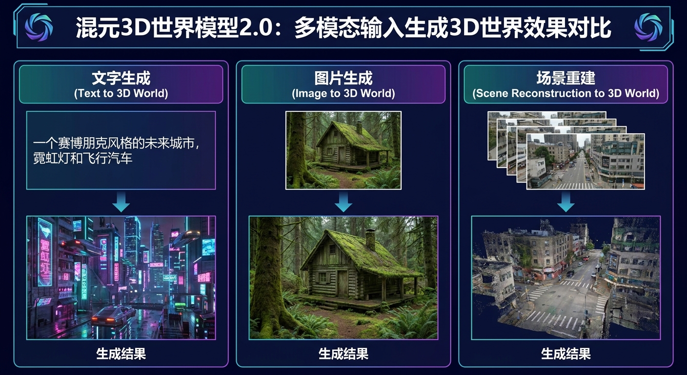 混元3D世界模型2.0多模态输入生成3D世界的效果对比图,展示文字生成、图片生成和场景重建三种模式