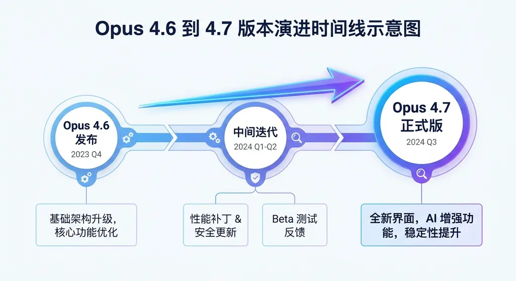 Opus 4.6 到 4.7 版本演进时间线示意图,标注关键事件节点