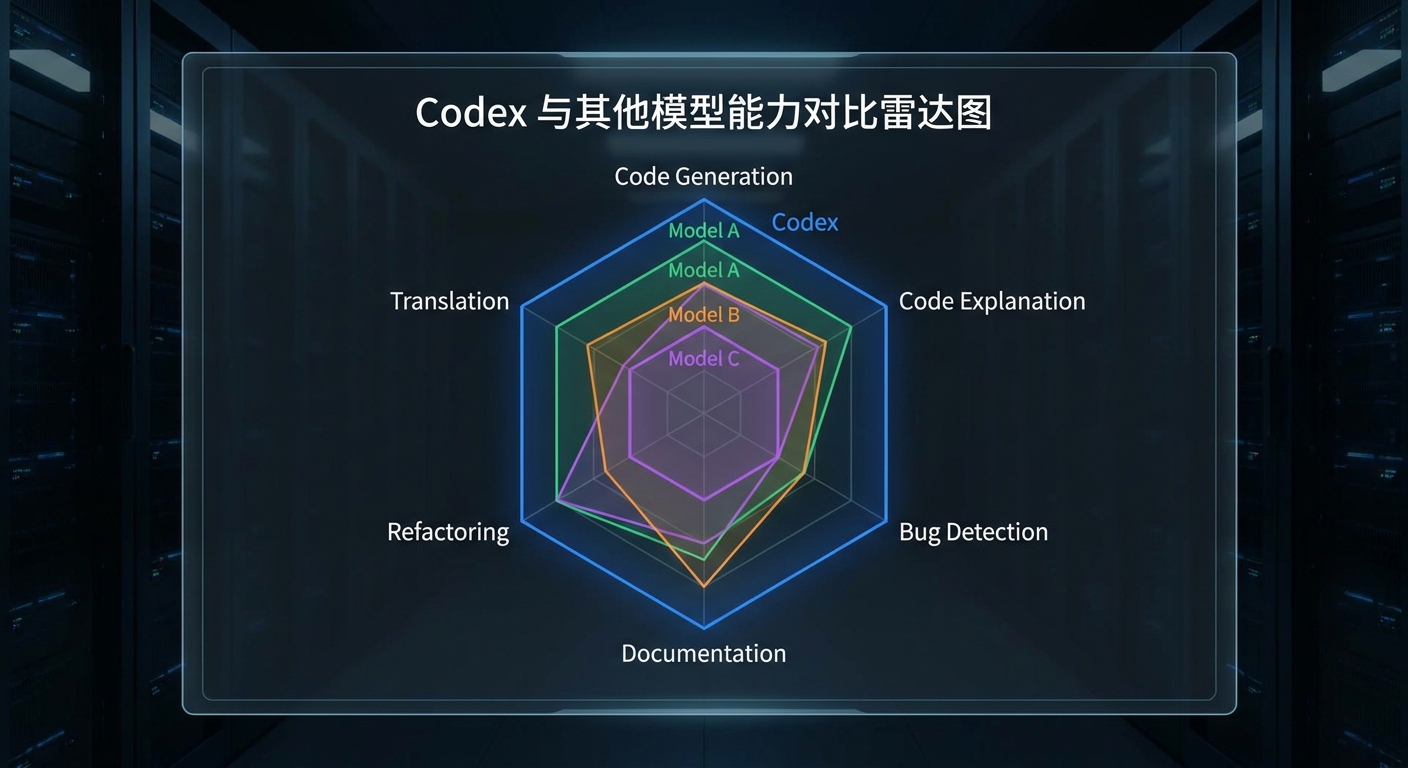 Codex 与其他模型能力对比雷达图