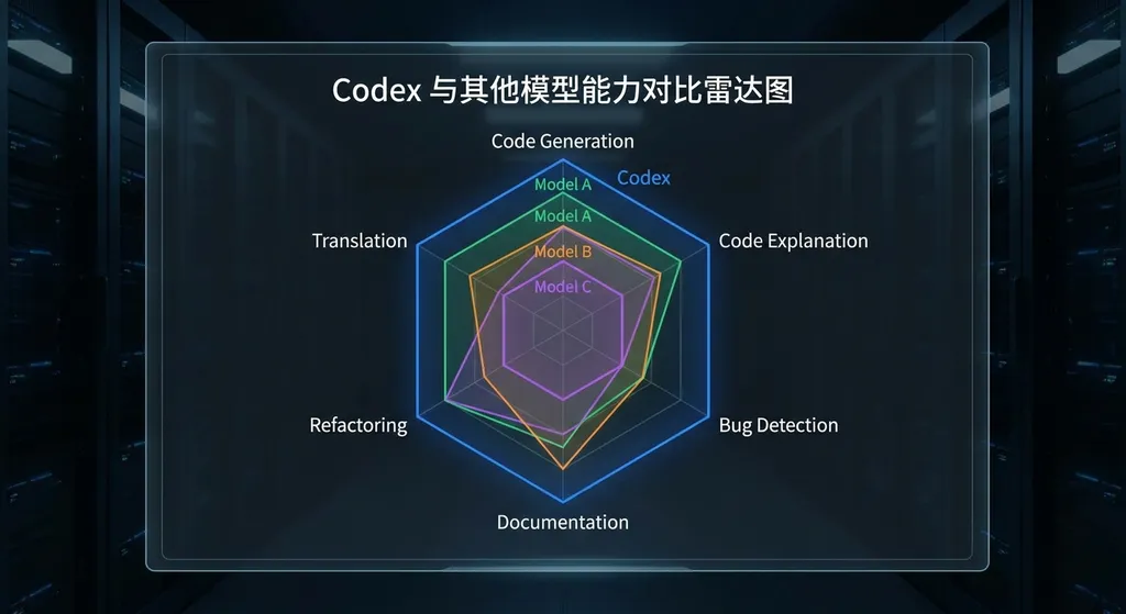 Codex 与其他模型能力对比雷达图
