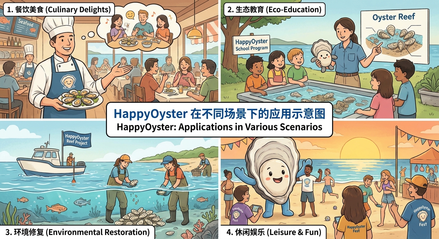 HappyOyster 在不同场景下的应用示意图