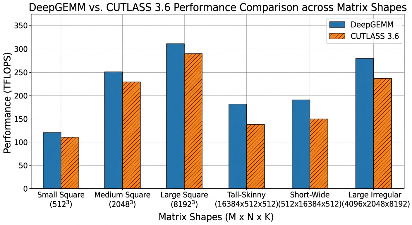 DeepGEMM 在不同矩阵形状下与 CUTLASS 3.6 的性能对比柱状图