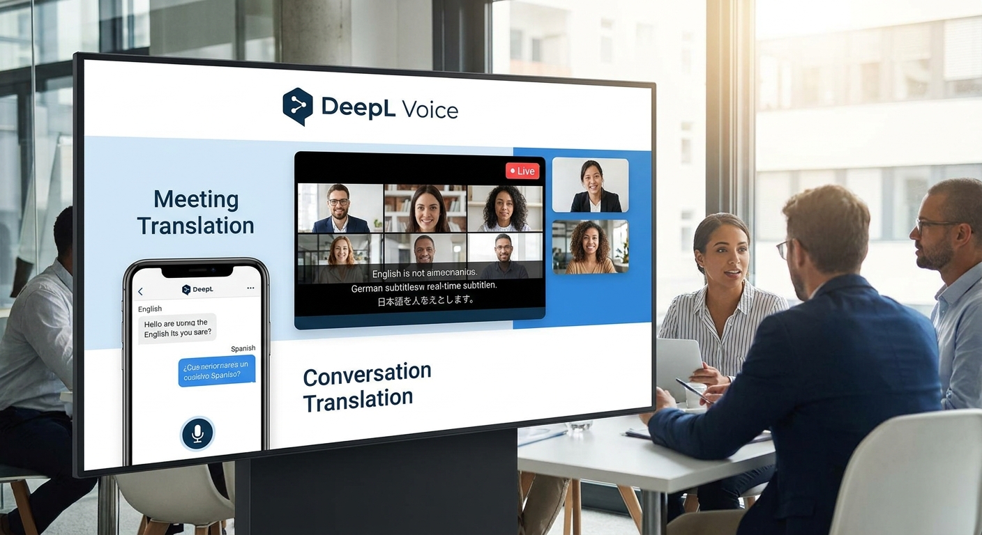 DeepL Voice 产品界面展示，包含会议翻译和对话翻译场景