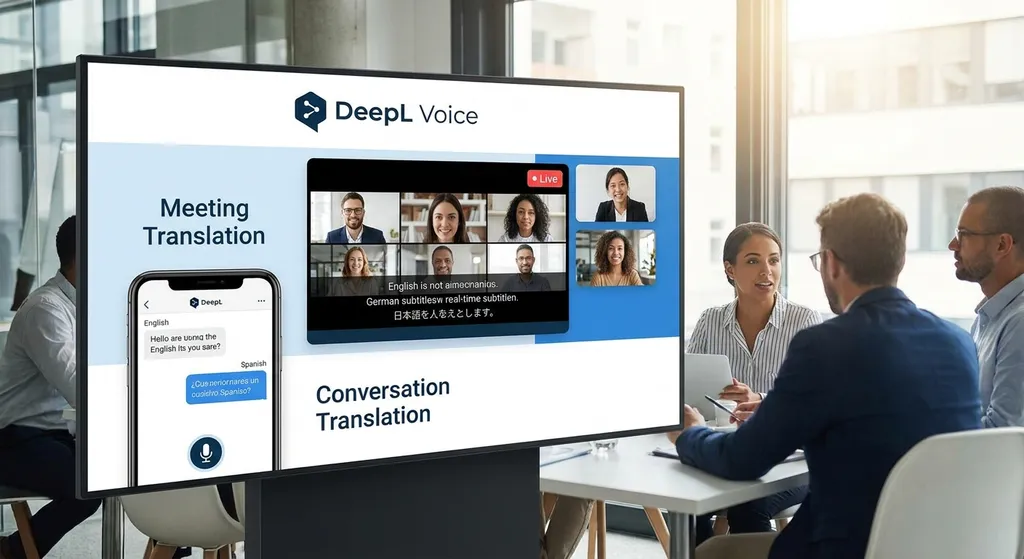 DeepL Voice 产品界面展示,包含会议翻译和对话翻译场景
