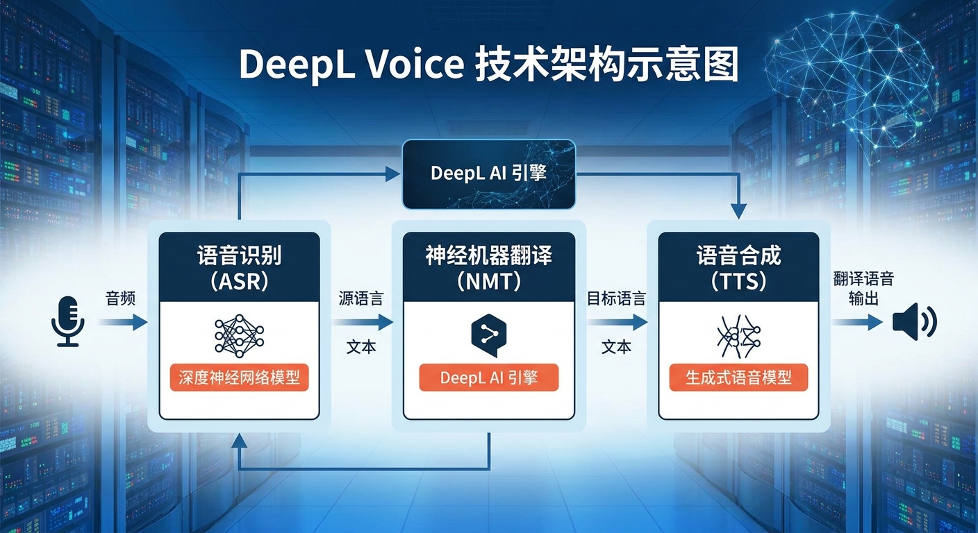 DeepL Voice 技术架构示意图，展示语音识别、翻译、合成的流程