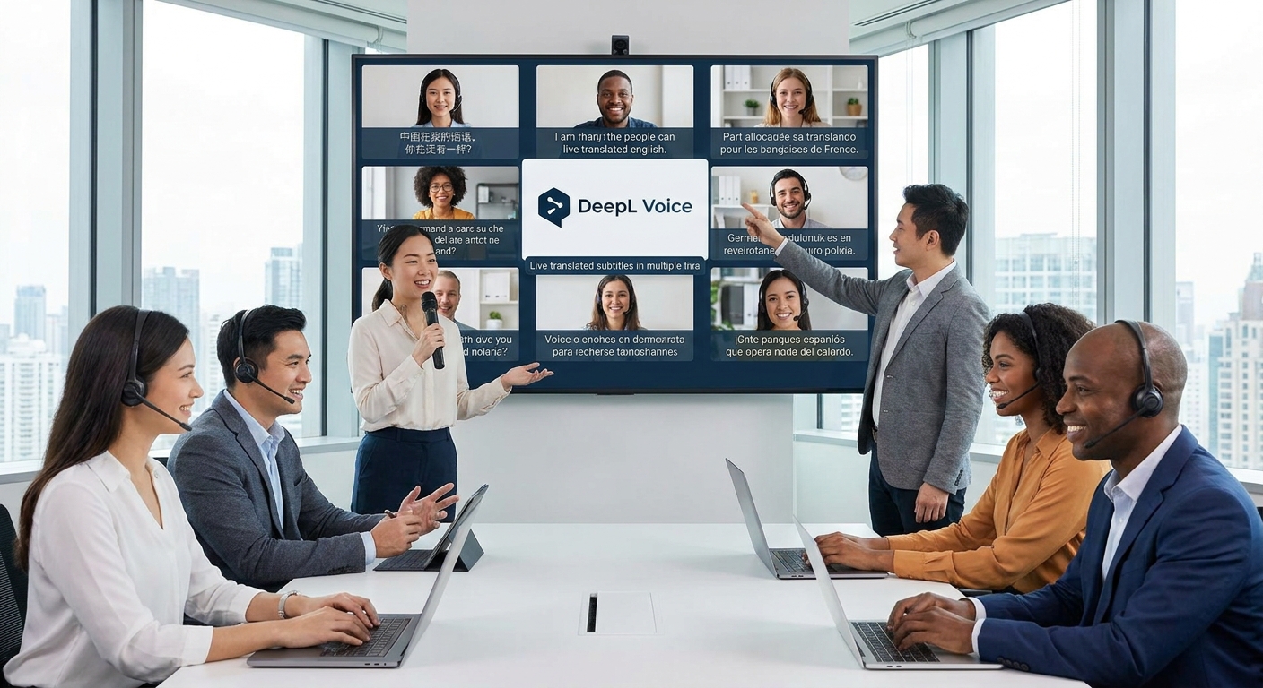 多语言团队使用 DeepL Voice 进行远程会议的场景图