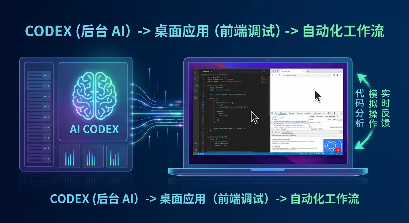Codex 在后台操控桌面应用完成前端调试的工作流示意图