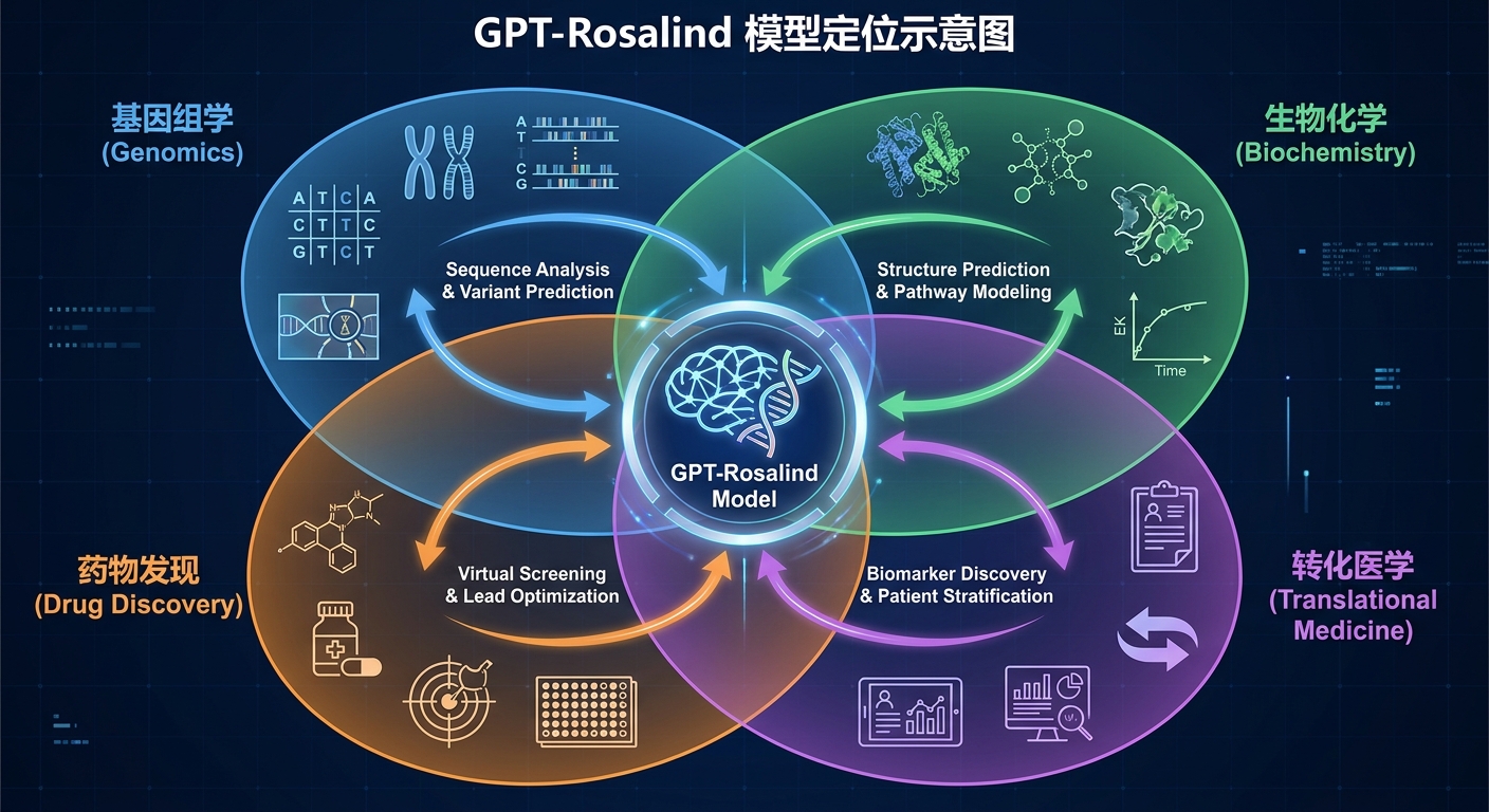 GPT-Rosalind 模型定位示意图，展示其在生物化学、基因组学、药物发现和转化医学四个领域的覆盖范围