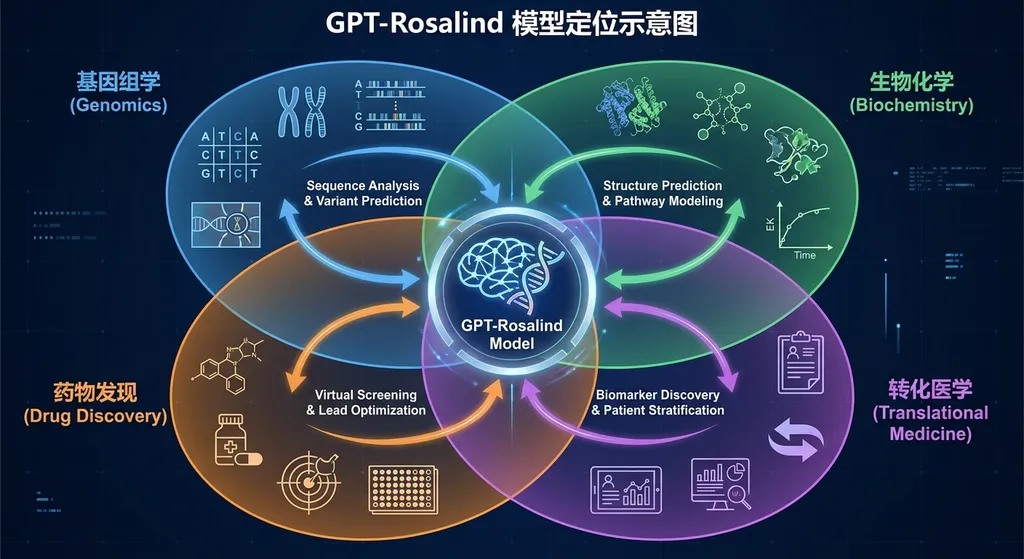 GPT-Rosalind 模型定位示意图,展示其在生物化学、基因组学、药物发现和转化医学四个领域的覆盖范围