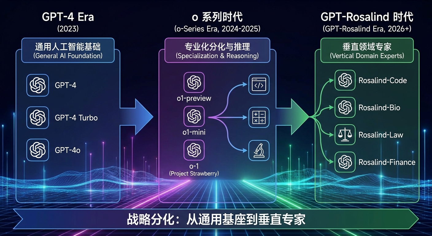 OpenAI 模型产品线演进时间线，从 GPT-4 到 o 系列到 GPT-Rosalind，展示从通用到垂直的战略分化