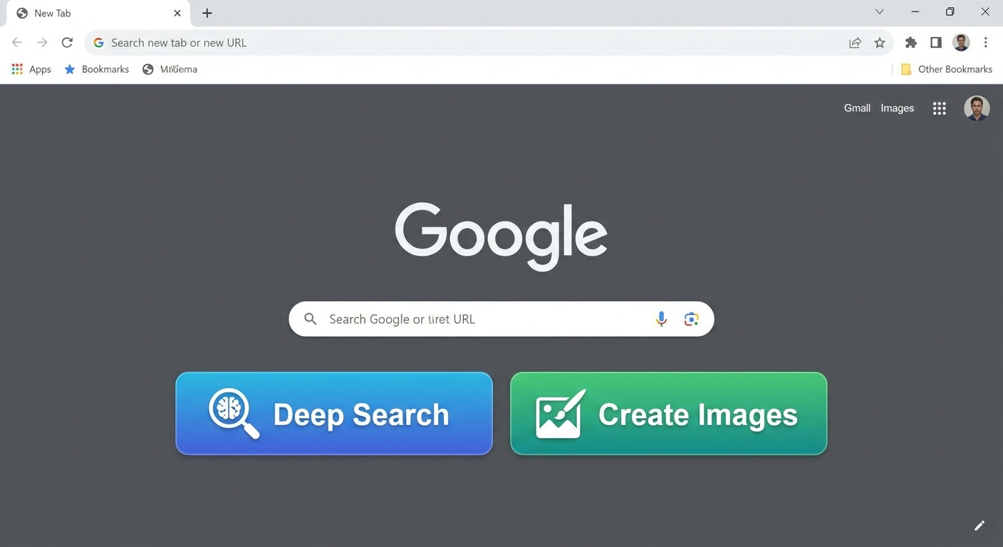 Chrome 新标签页截图，搜索框下方出现 Deep Search 和 Create Images 两个 AI 功能入口按钮