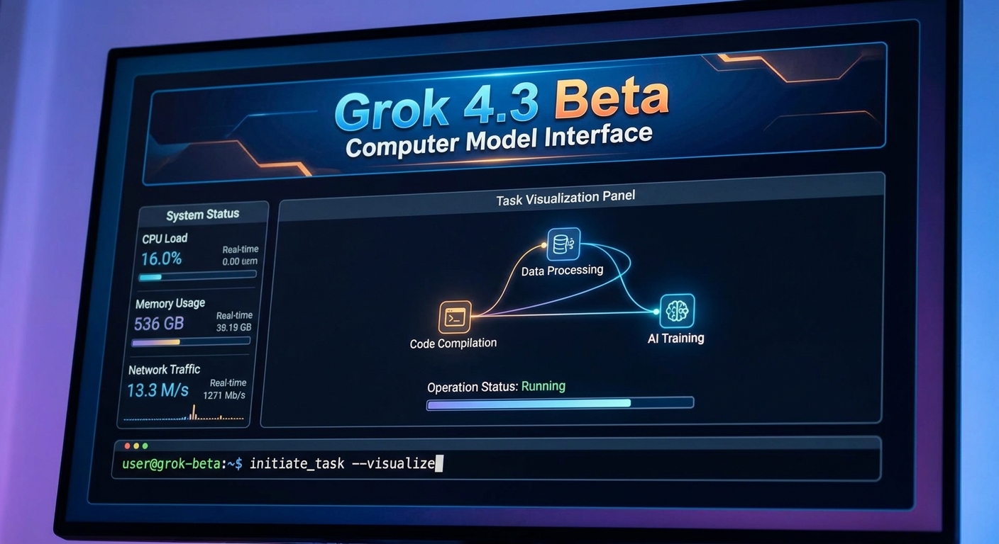 Grok 4.3 Beta Computer 模型前端交互界面截图，展示操作计算机任务时的可视化面板