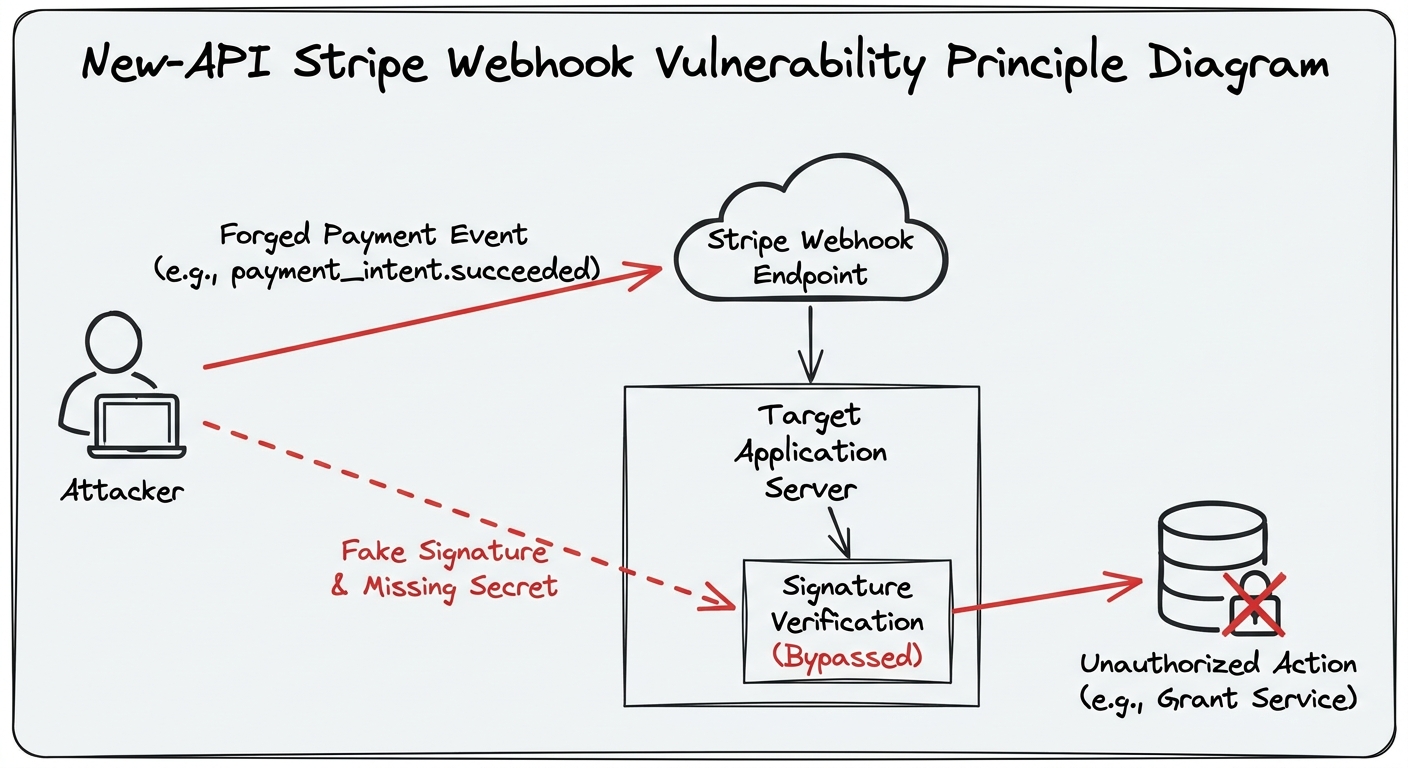 New-API Stripe Webhook 漏洞原理示意图，展示攻击者如何伪造支付事件绕过验签